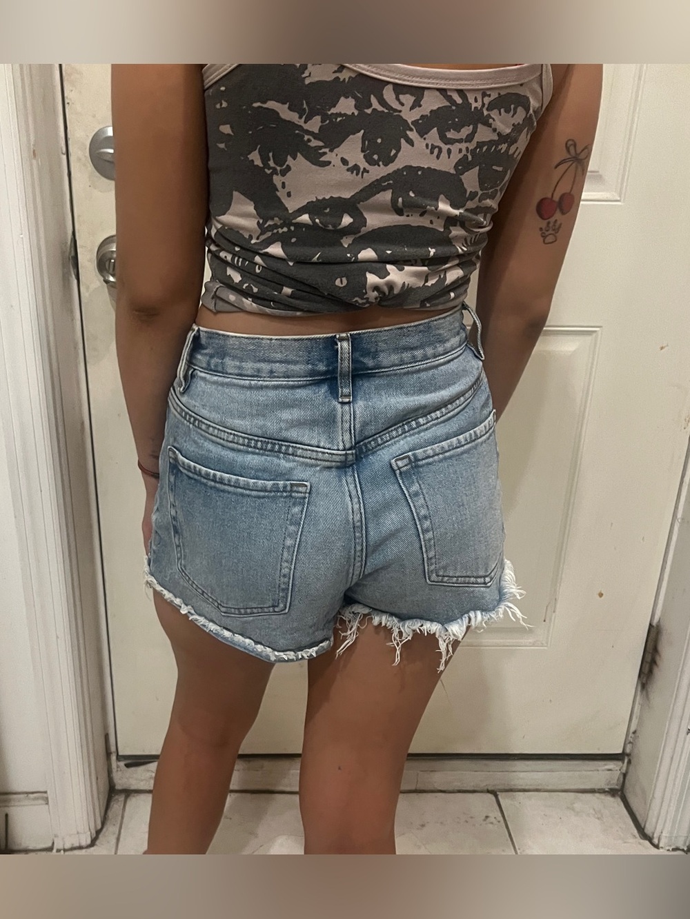 High-Rise Distressed Denim Shorts - Light Blue - Picture 2 of 5